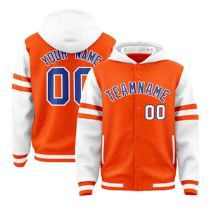 Custom Orange White Raglan Sleeves Varsity Full-Snap Letterman Three Stripes Hoodie Jacket