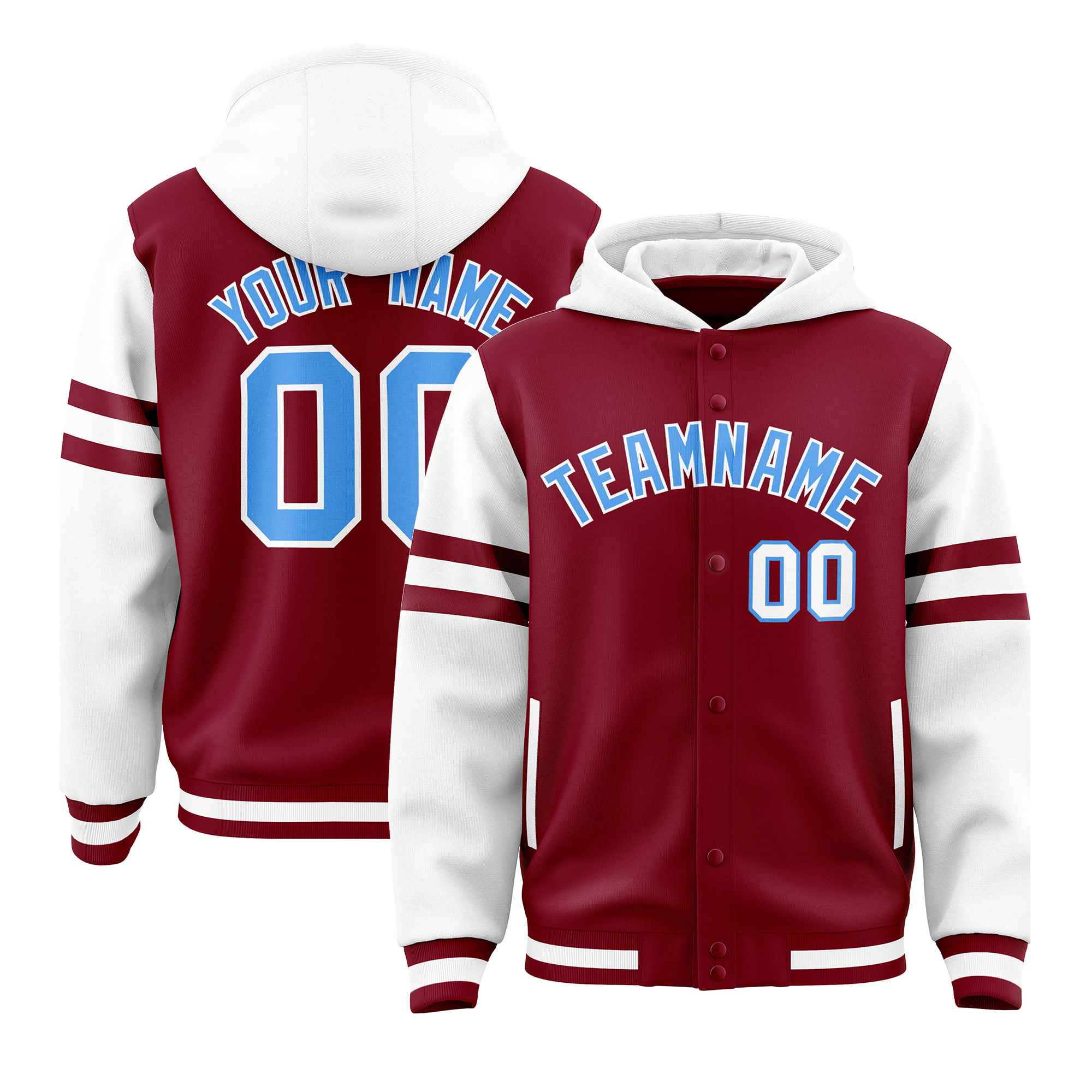 Custom Crimson White Raglan Sleeves Varsity Full-Snap Letterman Three Stripes Hoodie Jacket