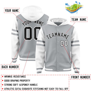 Custom Silver White Raglan Sleeves Varsity Full-Snap Letterman Three Stripes Hoodie Jacket