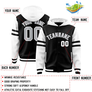 Custom Black White Raglan Sleeves Varsity Full-Snap Letterman Three Stripes Hoodie Jacket