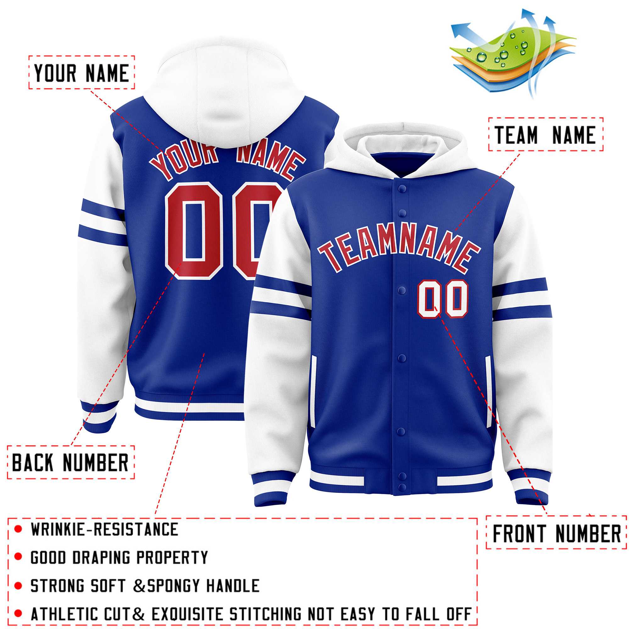 Custom Royal White Raglan Sleeves Varsity Full-Snap Letterman Three Stripes Hoodie Jacket