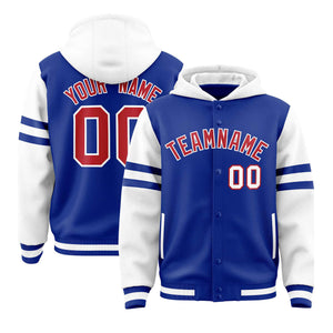 Custom Royal White Raglan Sleeves Varsity Full-Snap Letterman Three Stripes Hoodie Jacket