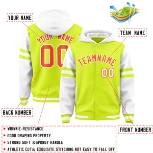 Custom Fluorescent Green White Raglan Sleeves Varsity Full-Snap Letterman Three Stripes Hoodie Jacket