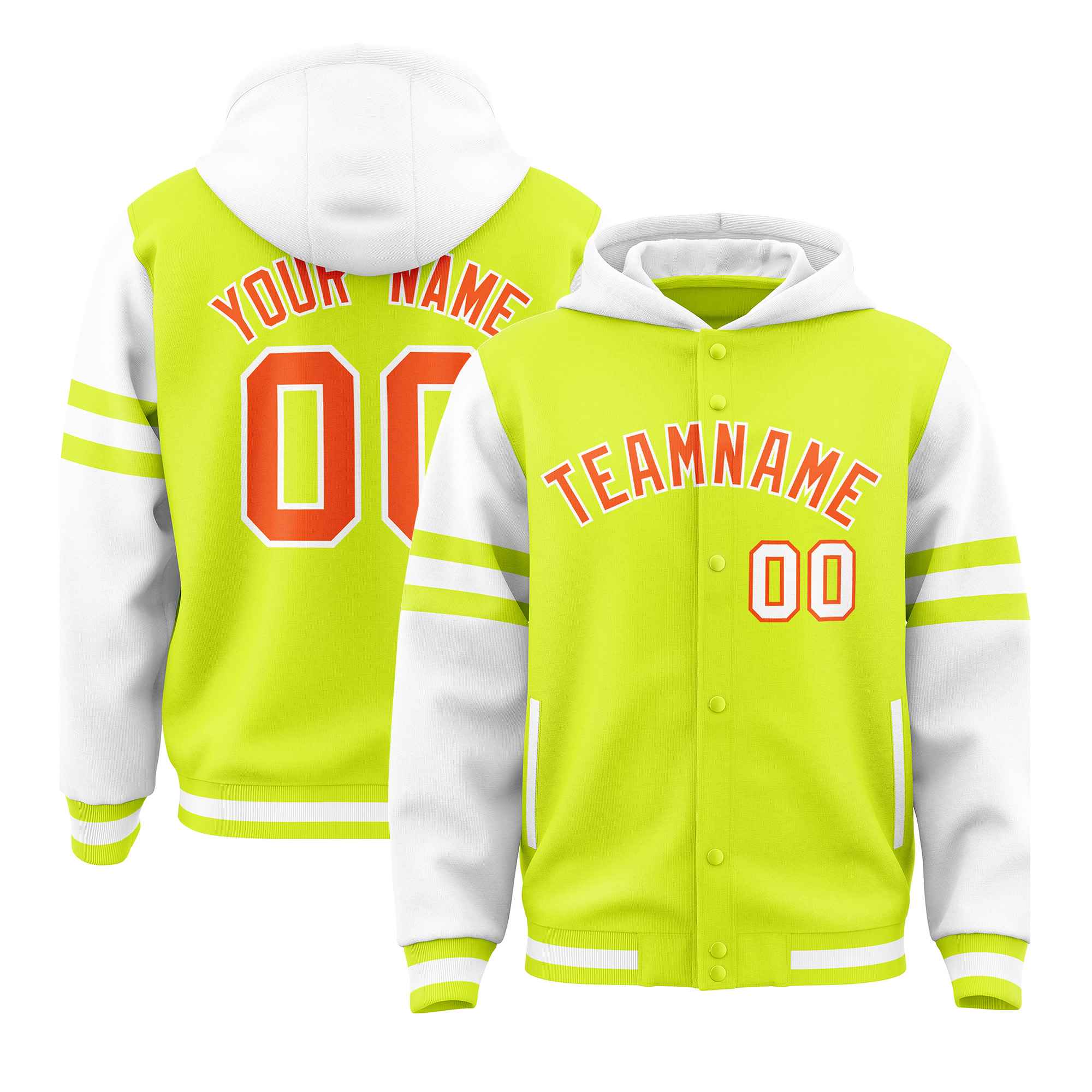 Custom Fluorescent Green White Raglan Sleeves Varsity Full-Snap Letterman Three Stripes Hoodie Jacket