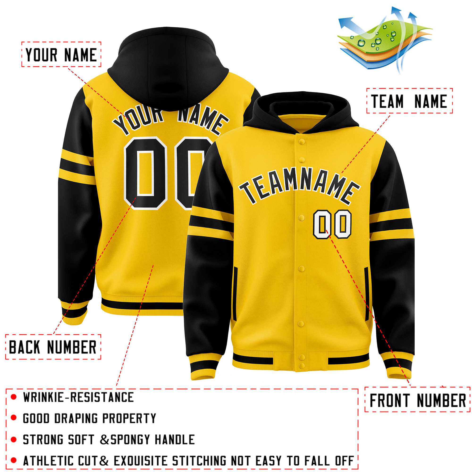 Custom Gold Black Raglan Sleeves Varsity Full-Snap Letterman Three Stripes Hoodie Jacket