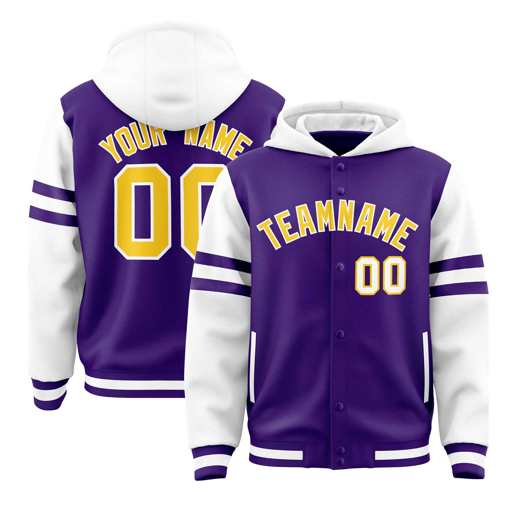 Custom Purple White Raglan Sleeves Varsity Full-Snap Letterman Three Stripes Hoodie Jacket