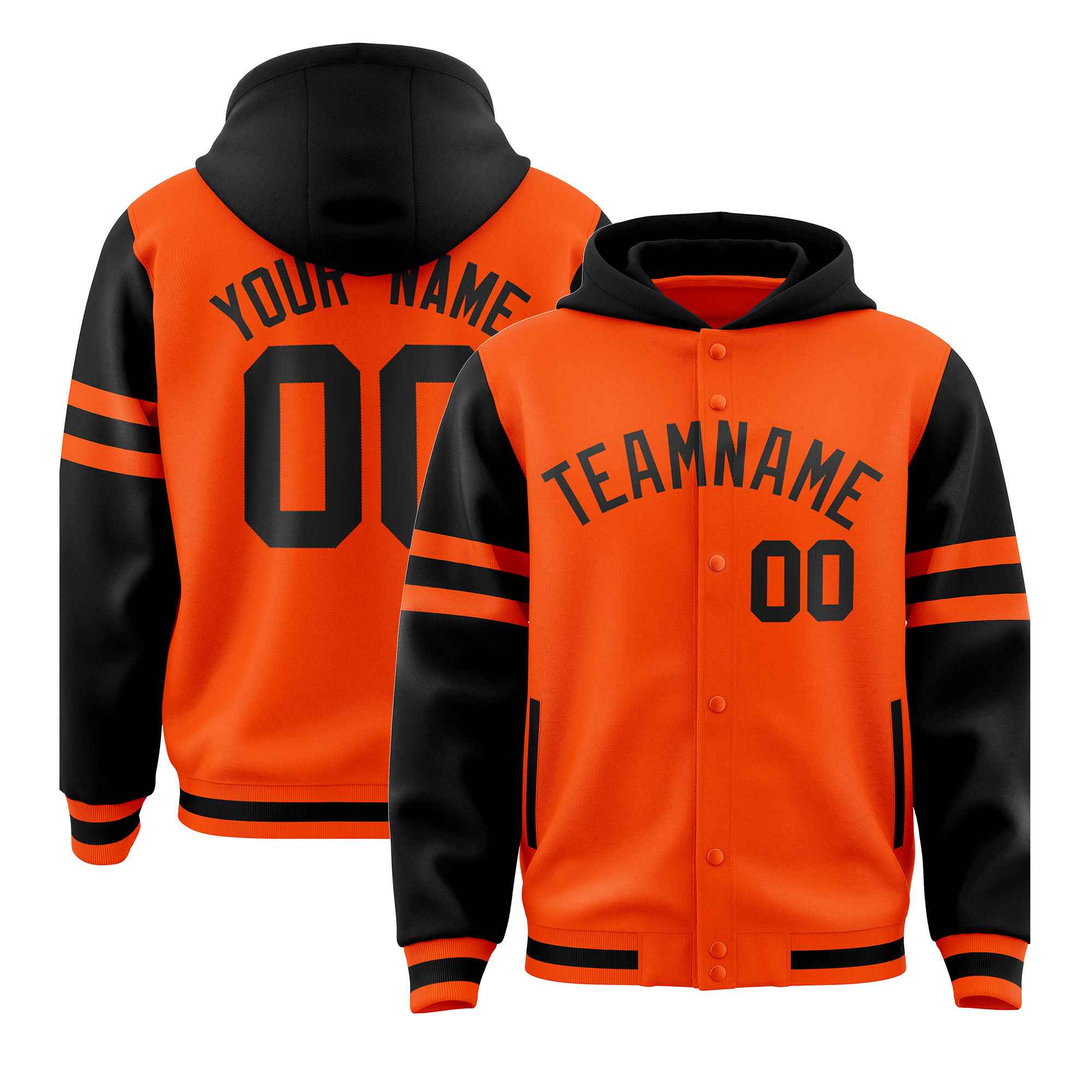 Custom Orange Black Raglan Sleeves Varsity Full-Snap Letterman Three Stripes Hoodie Jacket