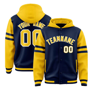 Custom Navy Gold Raglan Sleeves Varsity Full-Snap Letterman Three Stripes Hoodie Jacket