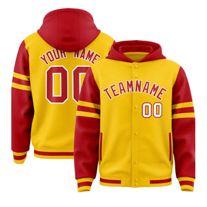 Custom Gold Red Raglan Sleeves Varsity Full-Snap Letterman Three Stripes Hoodie Jacket