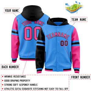 Custom Powder Blue Black-Pink Raglan Sleeves Varsity Full-Snap Letterman Three Stripes Hoodie Jacket