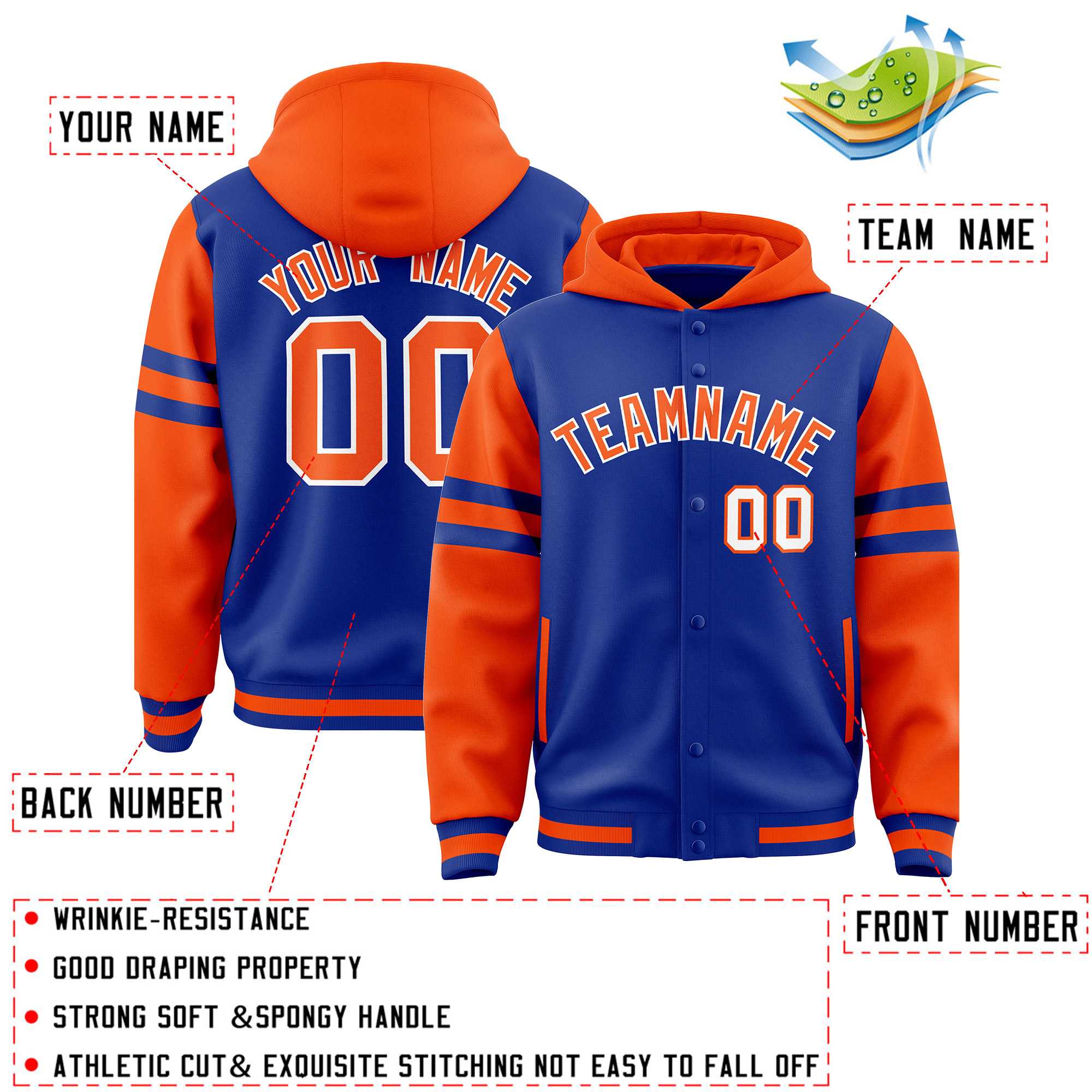 Custom Royal Orange Raglan Sleeves Varsity Full-Snap Letterman Three Stripes Hoodie Jacket