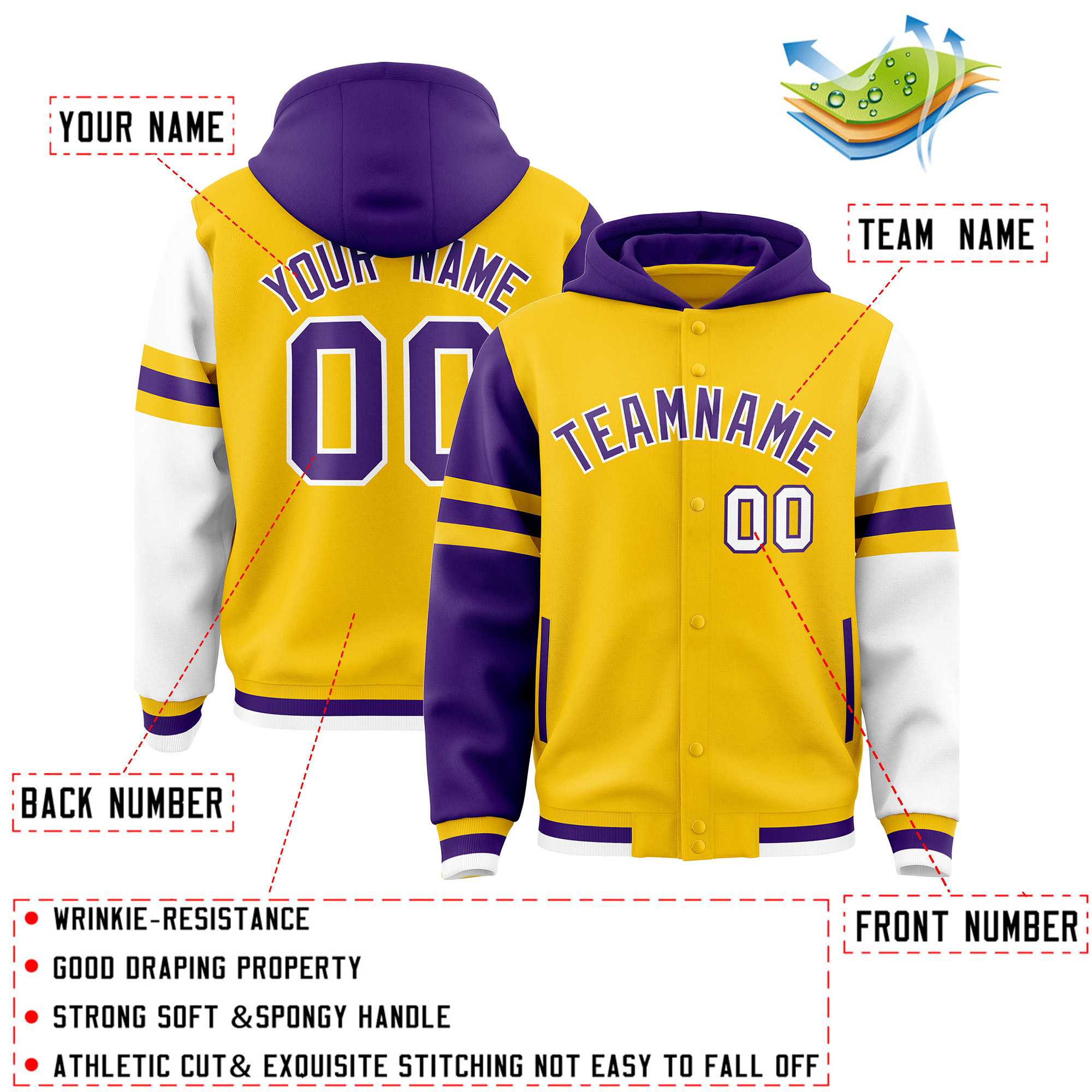 Custom Gold Purple-White Raglan Sleeves Varsity Full-Snap Letterman Three Stripes Hoodie Jacket