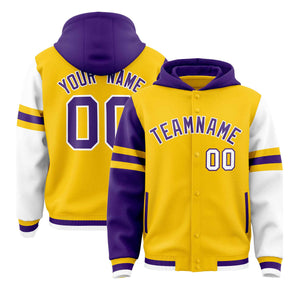 Custom Gold Purple-White Raglan Sleeves Varsity Full-Snap Letterman Three Stripes Hoodie Jacket