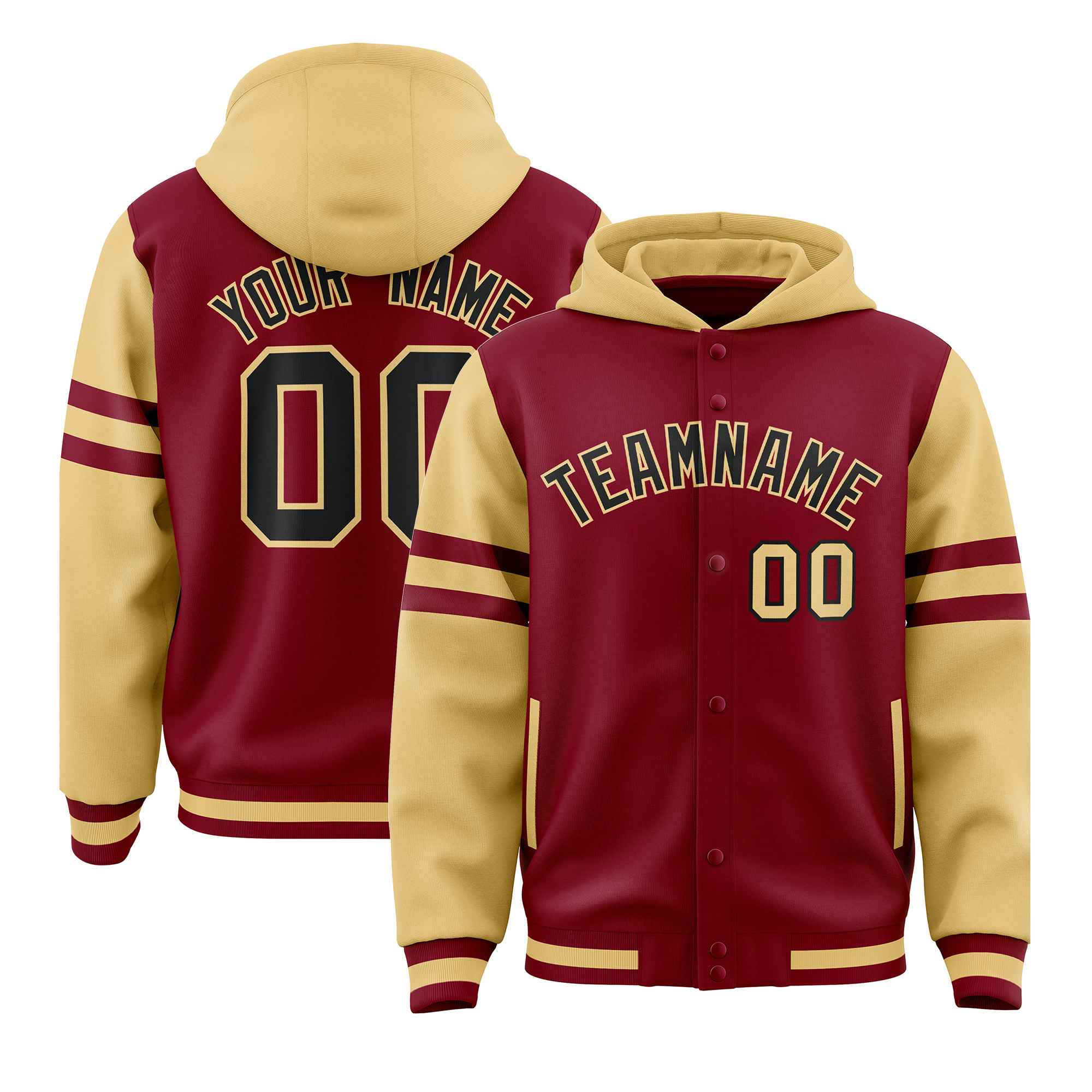 Custom Crimson Khaki Raglan Sleeves Varsity Full-Snap Letterman Three Stripes Hoodie Jacket