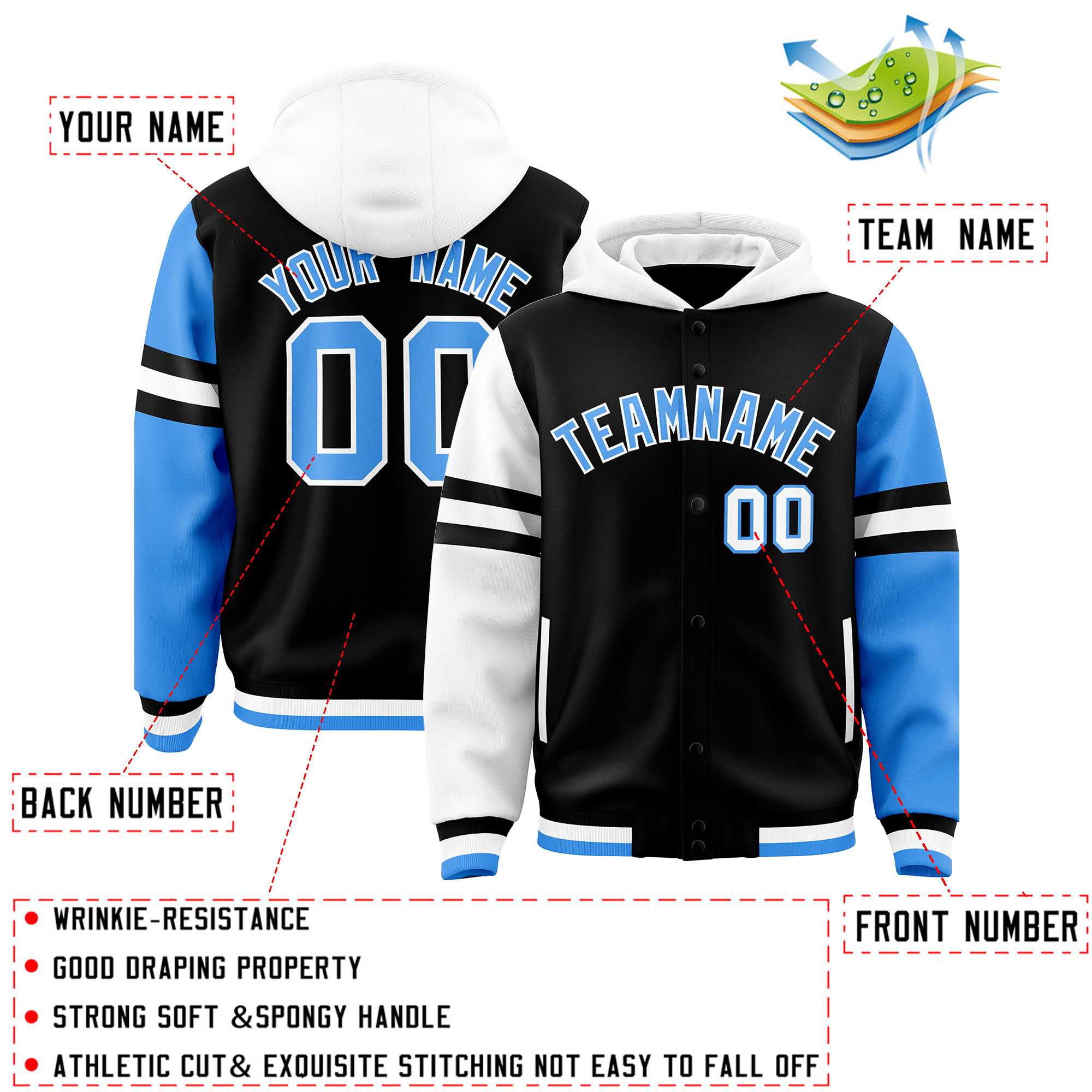 Custom Black White-Powder Blue Raglan Sleeves Varsity Full-Snap Letterman Three Stripes Hoodie Jacket