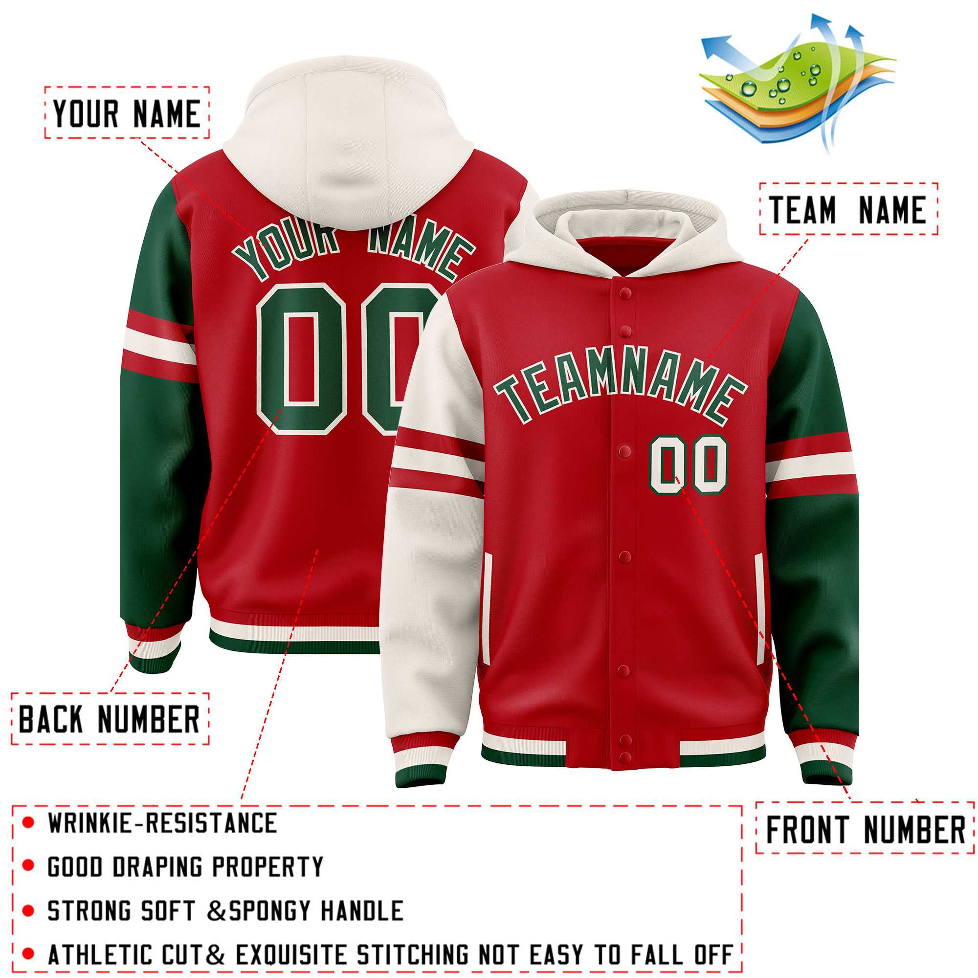 Custom Red Cream-Green Raglan Sleeves Varsity Full-Snap Letterman Three Stripes Hoodie Jacket