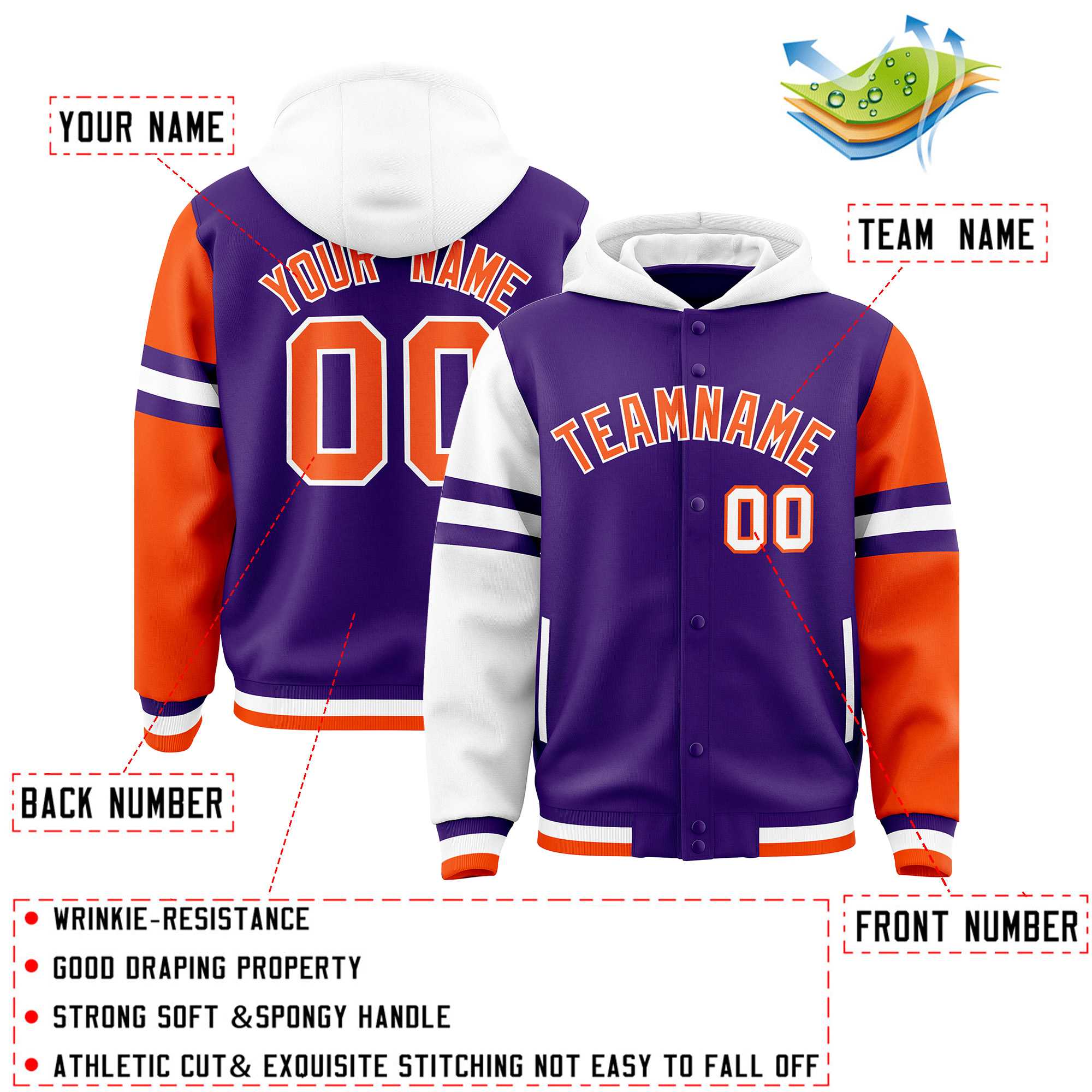 Custom Purple White-Orange Raglan Sleeves Varsity Full-Snap Letterman Three Stripes Hoodie Jacket