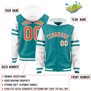 Custom Aqua White Raglan Sleeves Varsity Full-Snap Letterman Three Stripes Hoodie Jacket