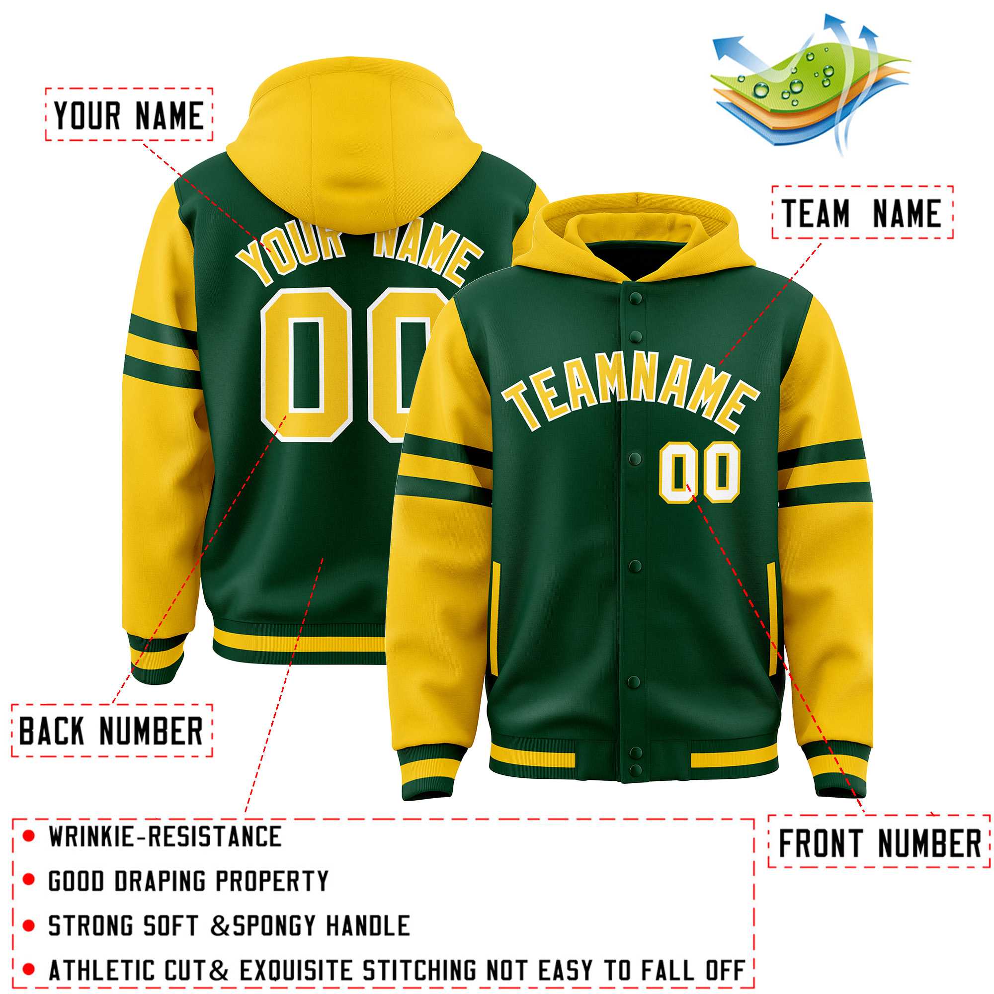 Custom Green Gold Raglan Sleeves Varsity Full-Snap Letterman Three Stripes Hoodie Jacket