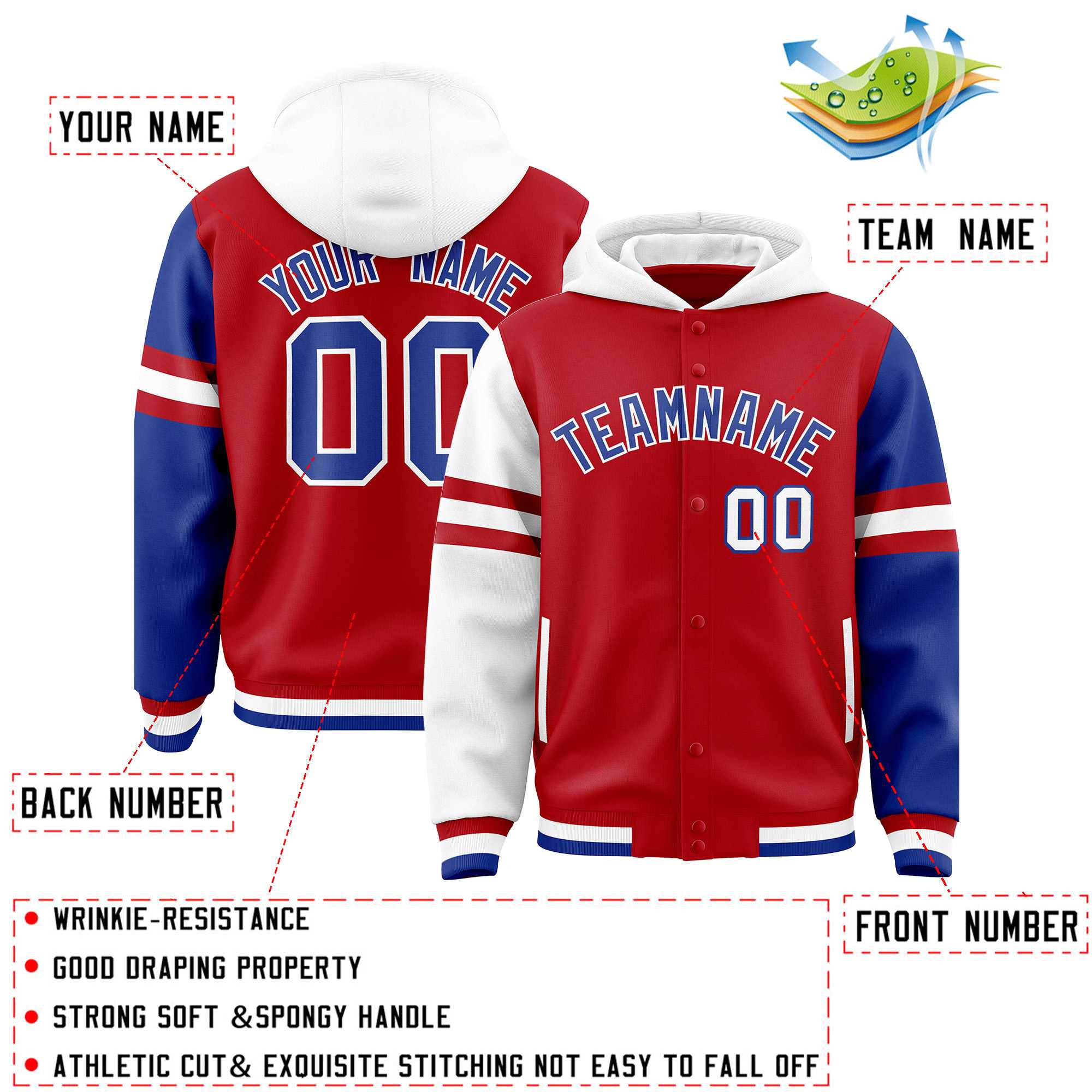 Custom Red White-Royal Raglan Sleeves Varsity Full-Snap Letterman Three Stripes Hoodie Jacket