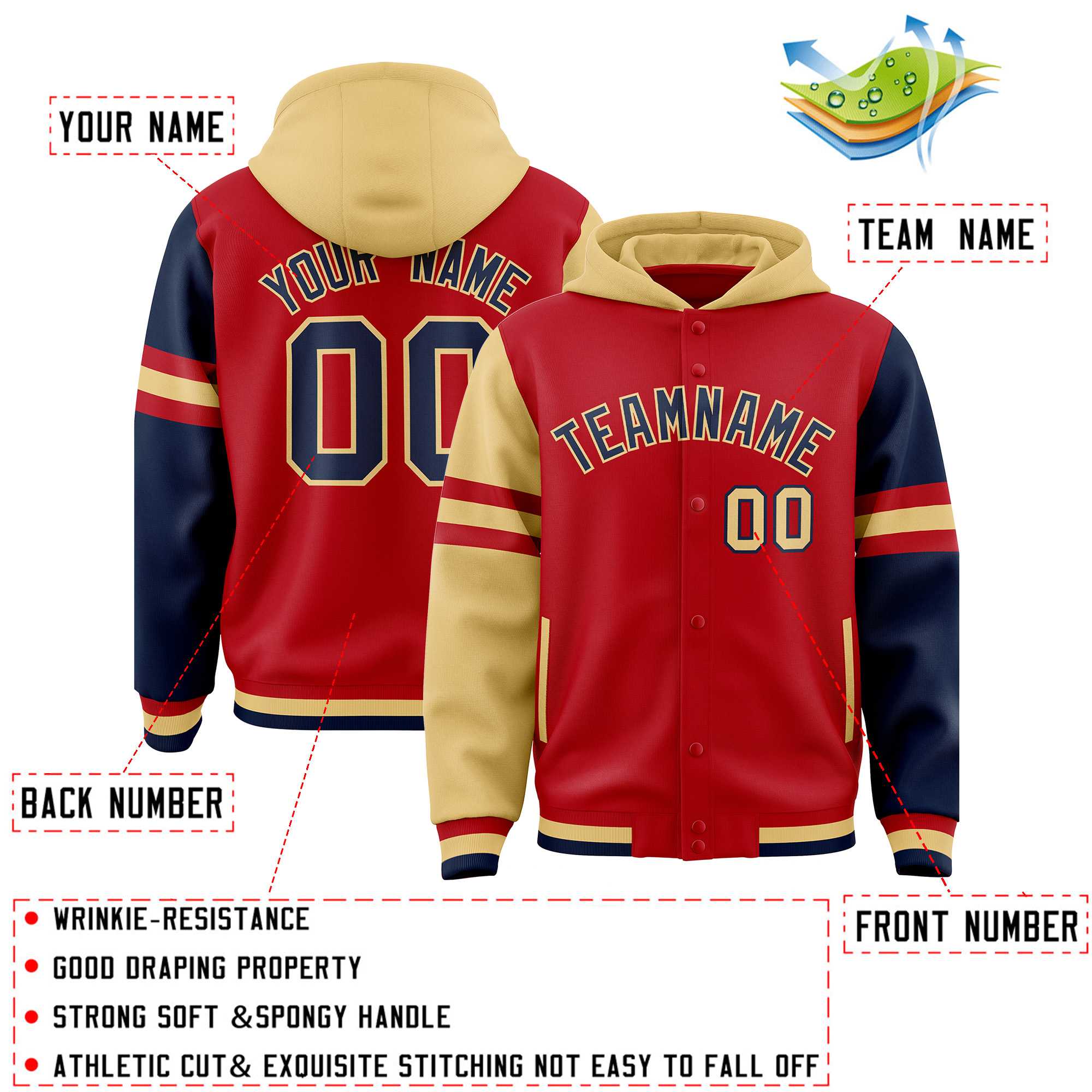 Custom Red Old Gold-Navy Raglan Sleeves Varsity Full-Snap Letterman Three Stripes Hoodie Jacket