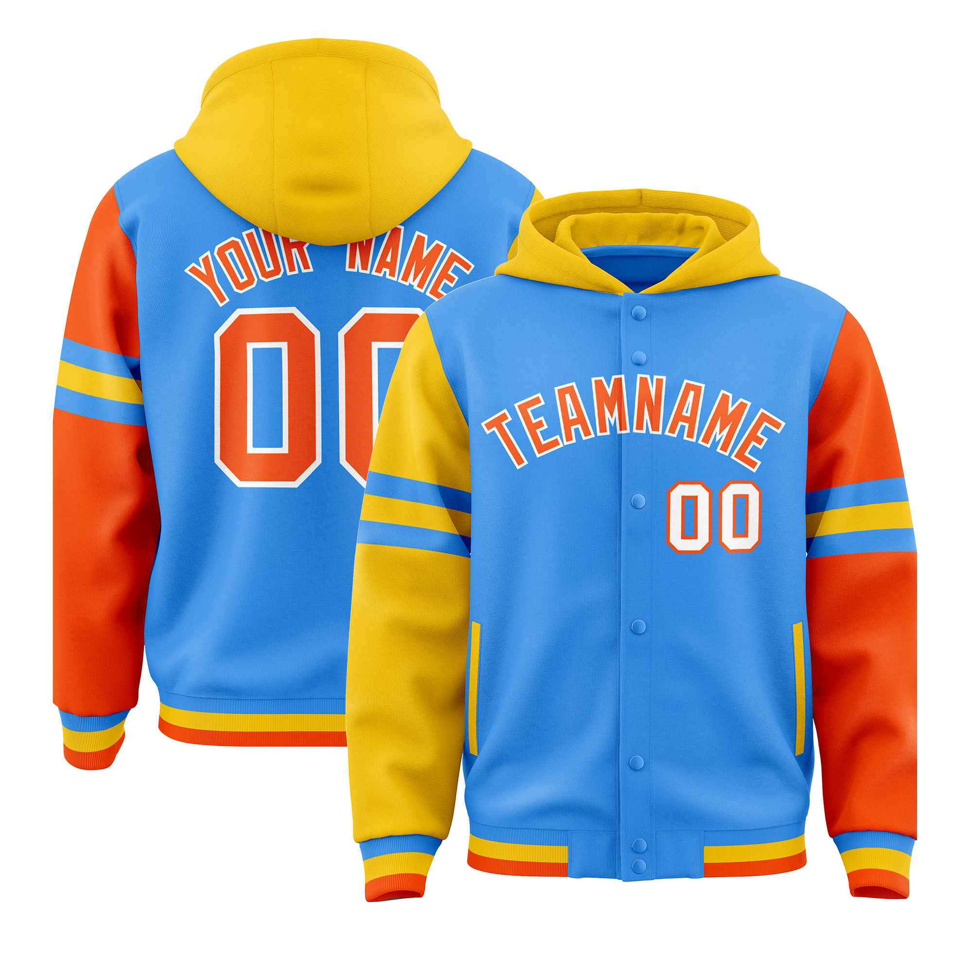 Custom Powder Blue Gold-Orange Raglan Sleeves Varsity Full-Snap Letterman Three Stripes Hoodie Jacket