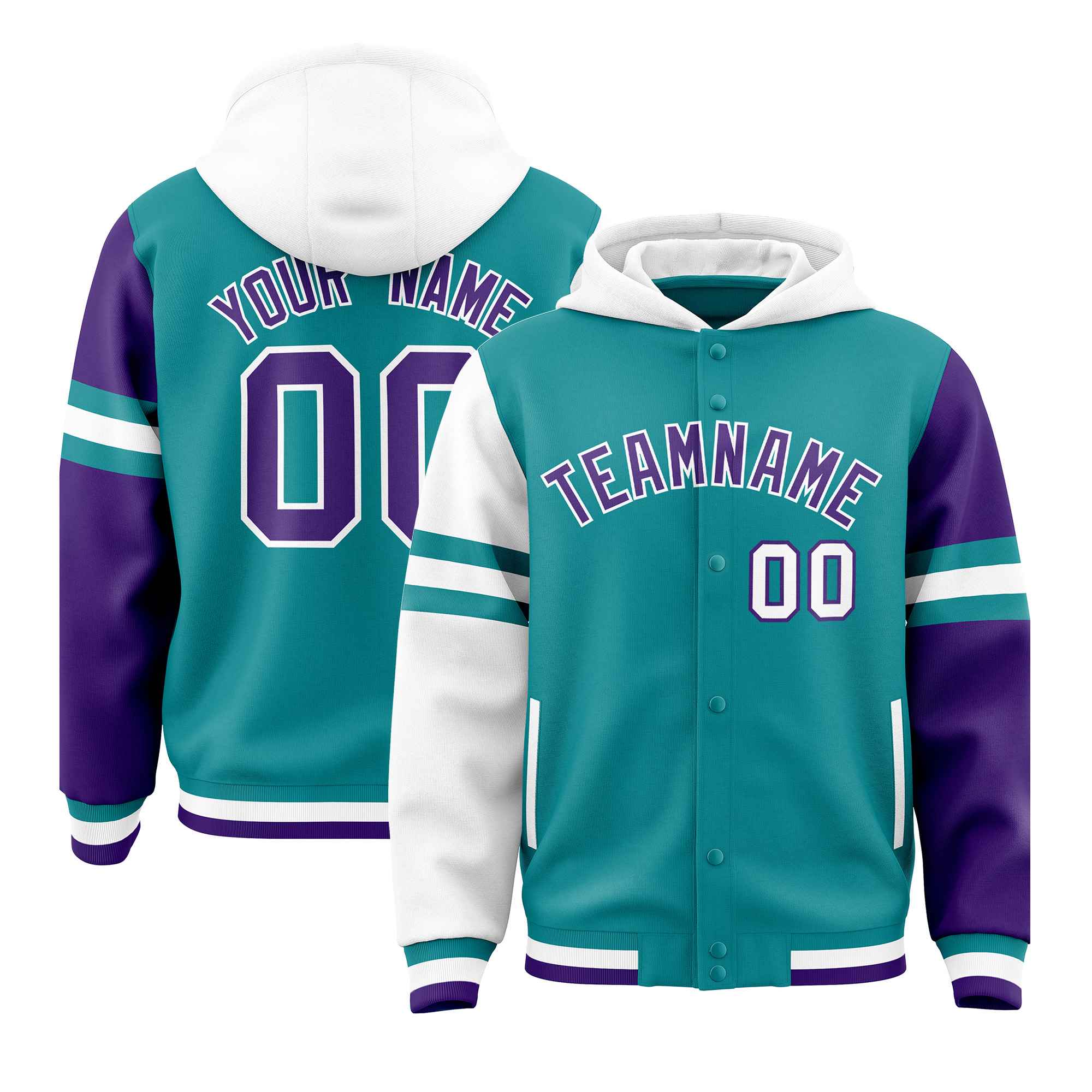 Custom Aqua White-Purple Raglan Sleeves Varsity Full-Snap Letterman Three Stripes Hoodie Jacket