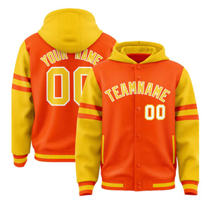 Custom Orange Gold Raglan Sleeves Varsity Full-Snap Letterman Three Stripes Hoodie Jacket