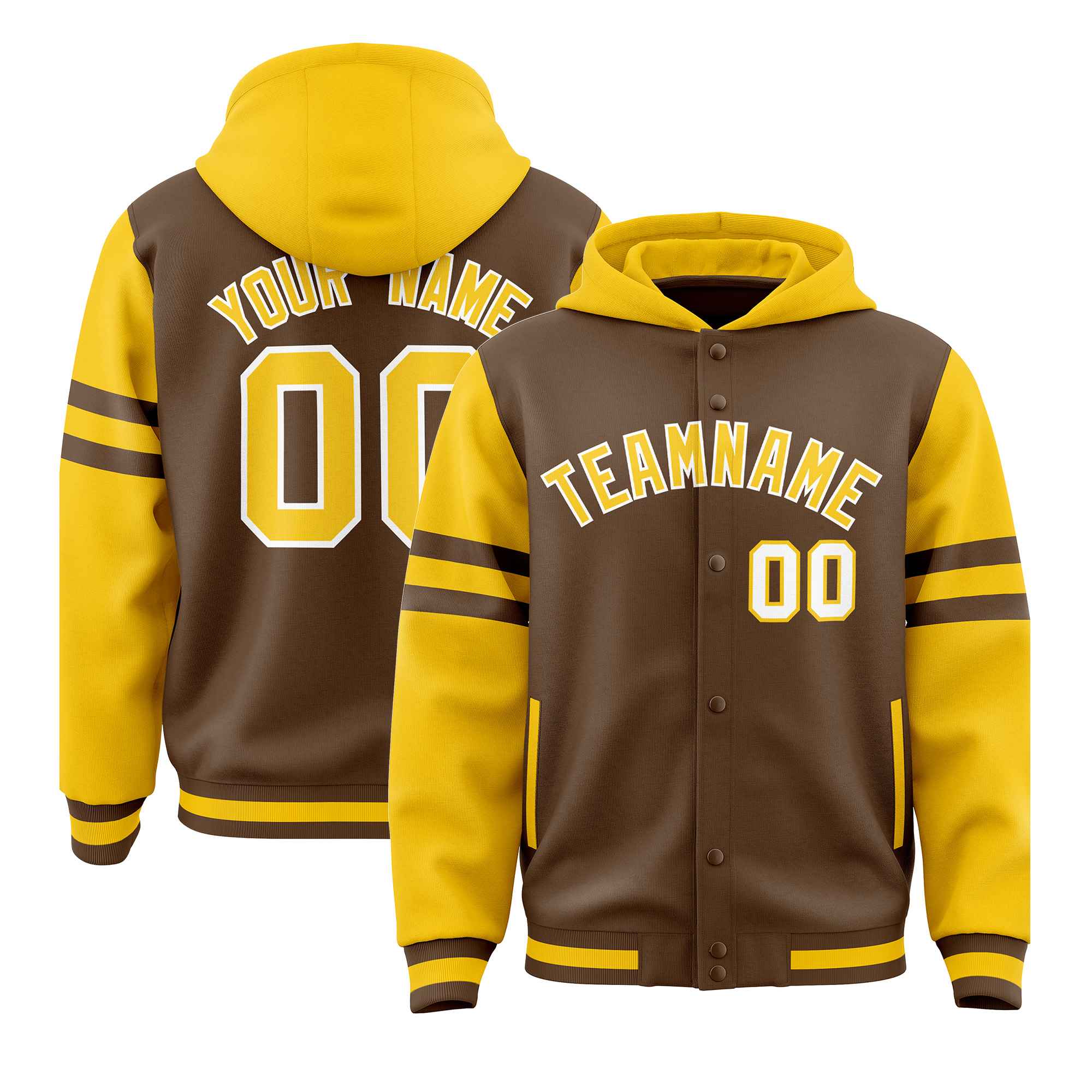 Custom Light Brown Gold Raglan Sleeves Varsity Full-Snap Letterman Three Stripes Hoodie Jacket