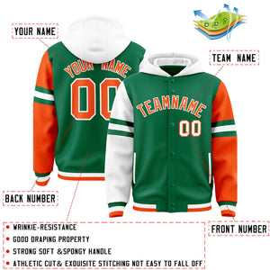 Custom Kelly Green White-Orange Raglan Sleeves Varsity Full-Snap Letterman Three Stripes Hoodie Jacket