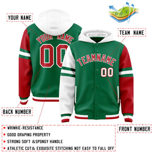 Custom Kelly Green White-Red Raglan Sleeves Varsity Full-Snap Letterman Three Stripes Hoodie Jacket