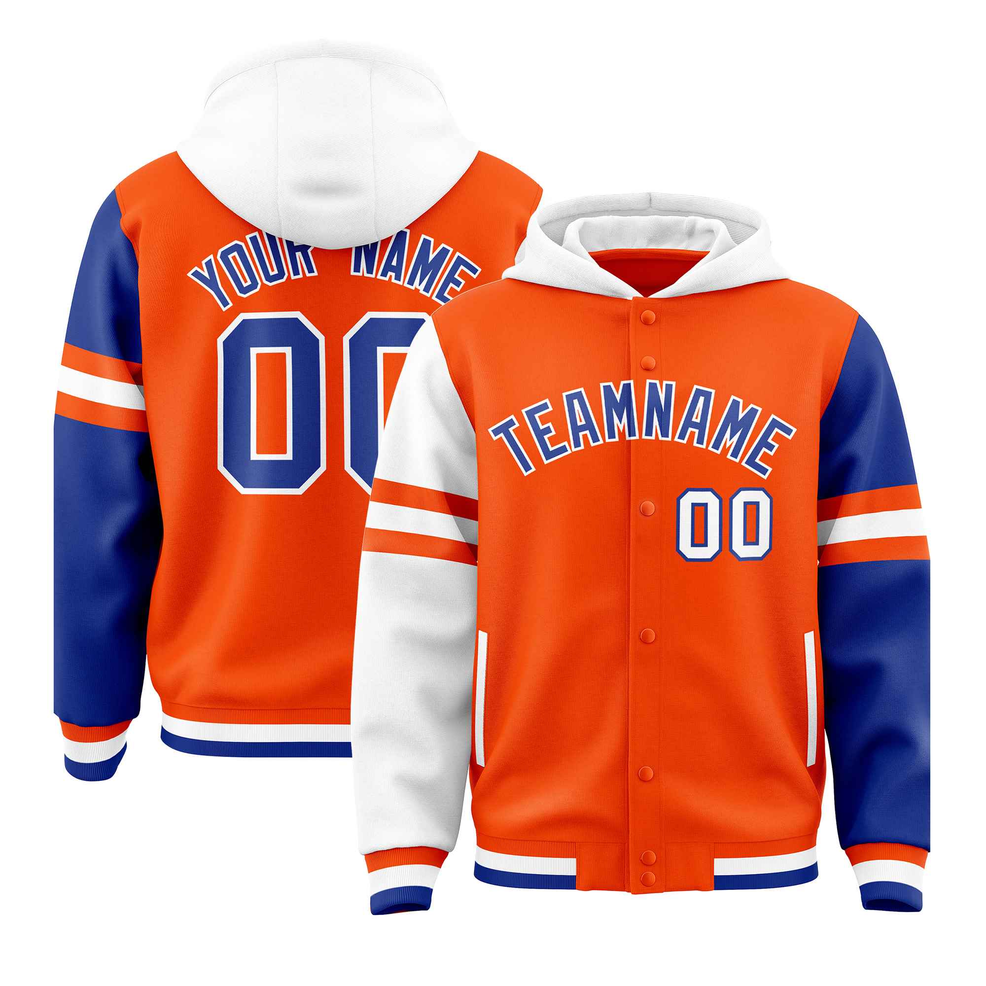 Custom Orange White-Royal Raglan Sleeves Varsity Full-Snap Letterman Three Stripes Hoodie Jacket