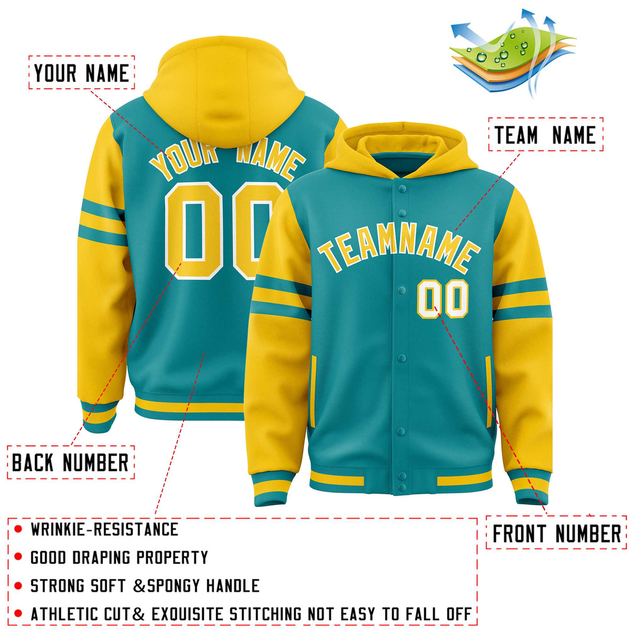 Custom Aqua Gold Raglan Sleeves Varsity Full-Snap Letterman Three Stripes Hoodie Jacket