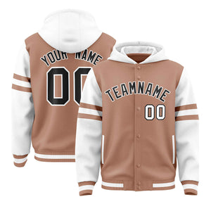 Custom Coffee Brown White Raglan Sleeves Varsity Full-Snap Letterman Three Stripes Hoodie Jacket