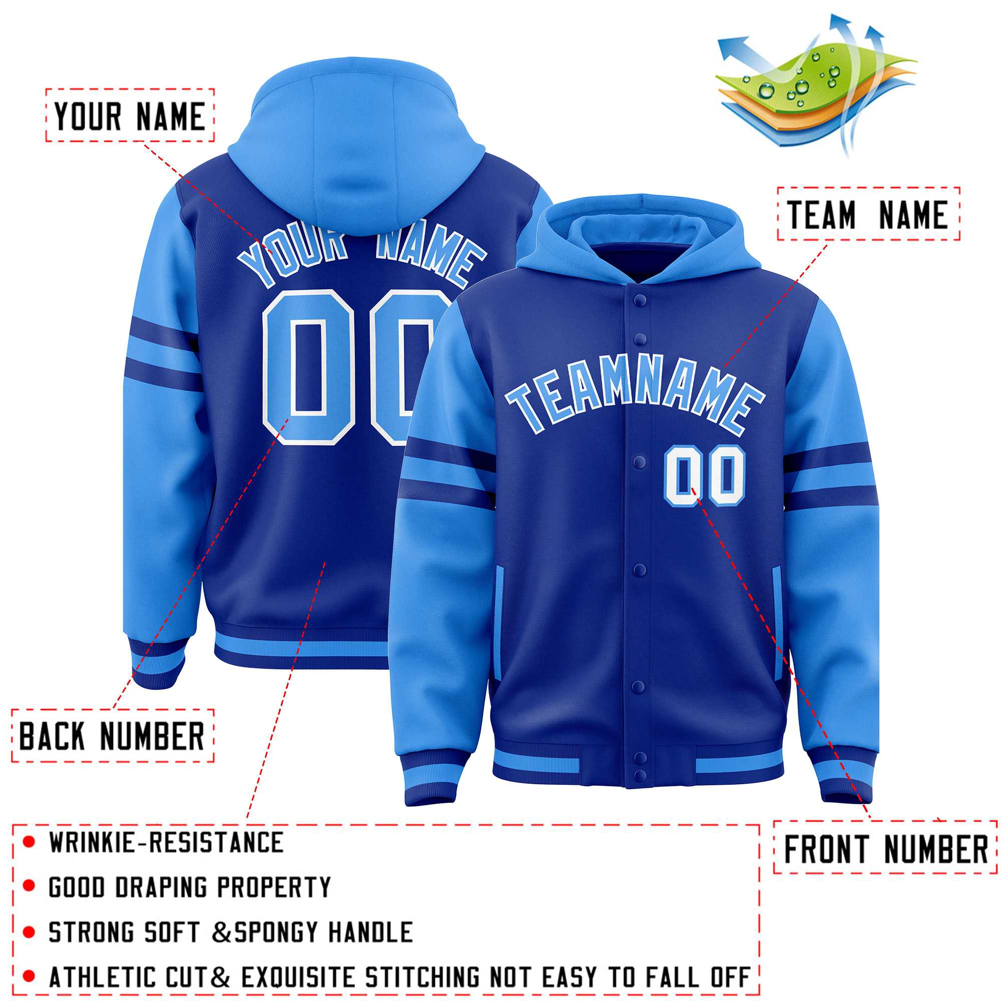 Custom Royal Powder Blue Raglan Sleeves Varsity Full-Snap Letterman Three Stripes Hoodie Jacket