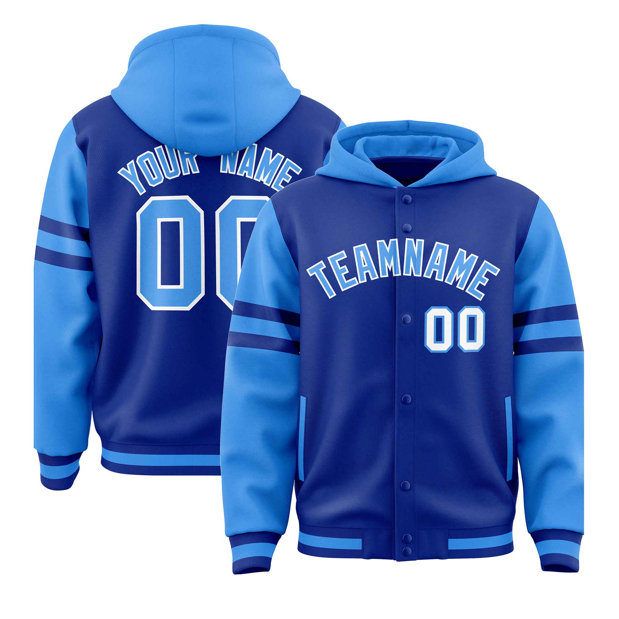 Custom Royal Powder Blue Raglan Sleeves Varsity Full-Snap Letterman Three Stripes Hoodie Jacket