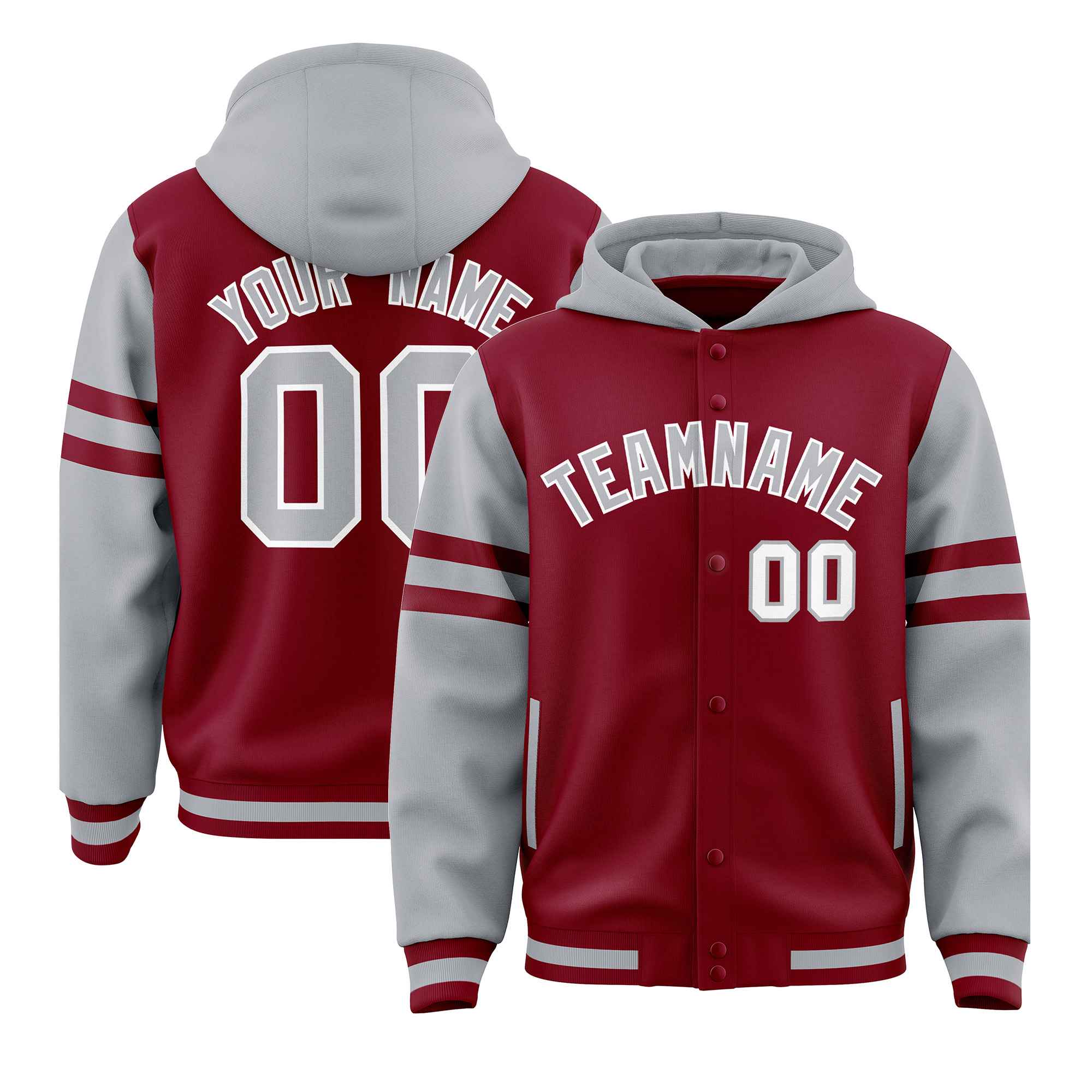 Custom Crimson Silver Raglan Sleeves Varsity Full-Snap Letterman Three Stripes Hoodie Jacket