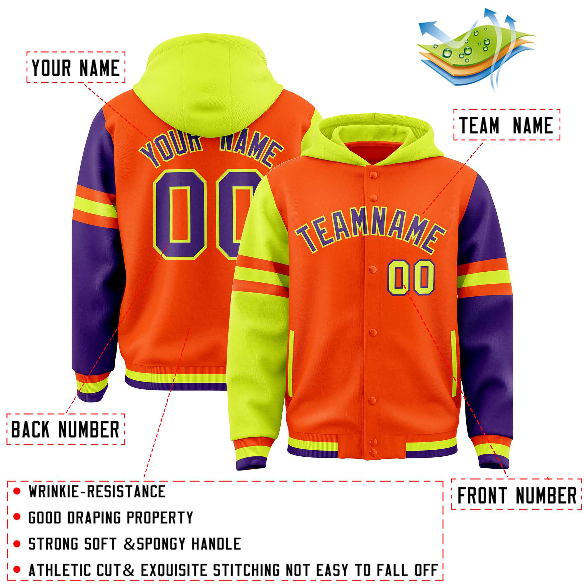 Custom Orange Fluorescent Green-Purple Raglan Sleeves Varsity Full-Snap Letterman Three Stripes Hoodie Jacket