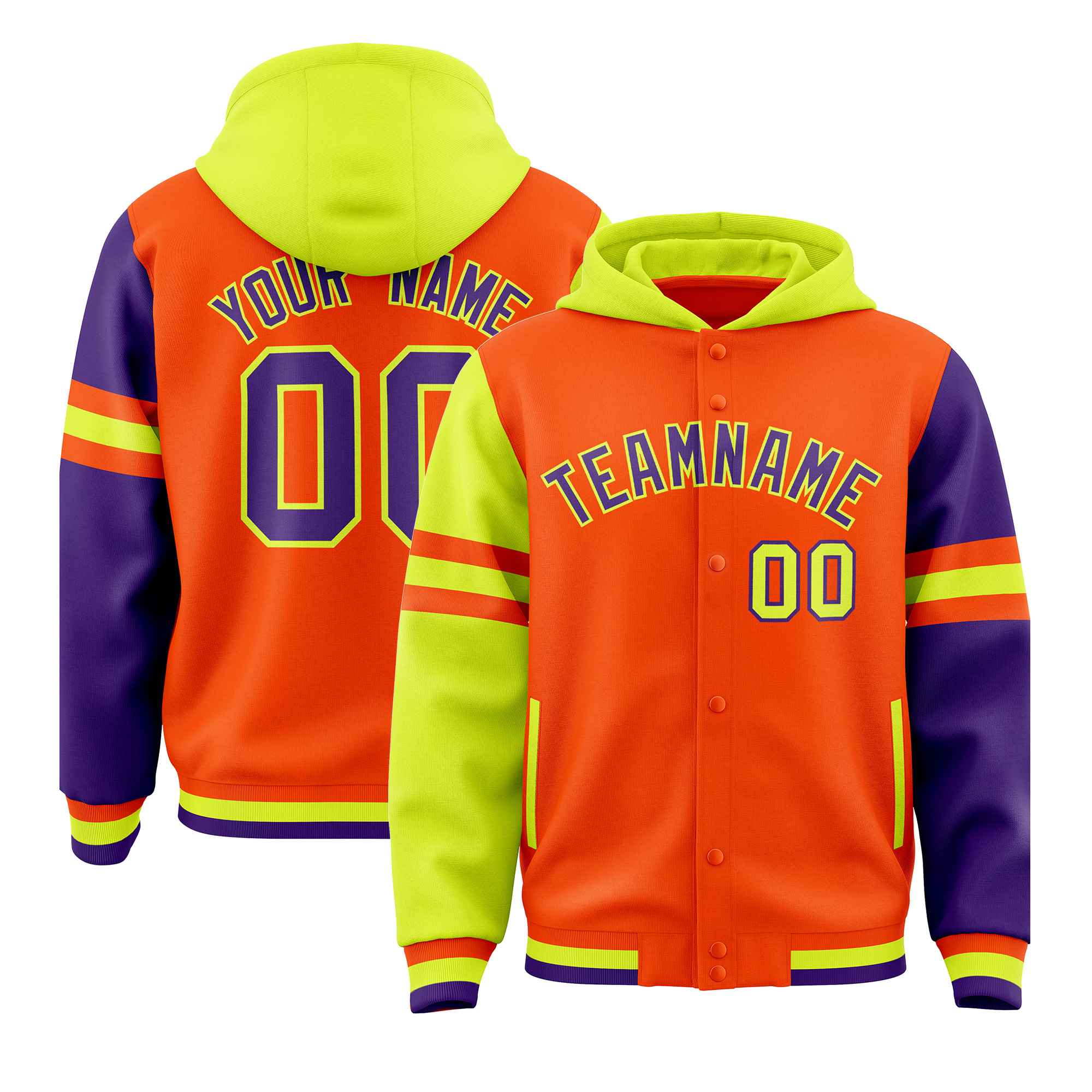 Custom Orange Fluorescent Green-Purple Raglan Sleeves Varsity Full-Snap Letterman Three Stripes Hoodie Jacket