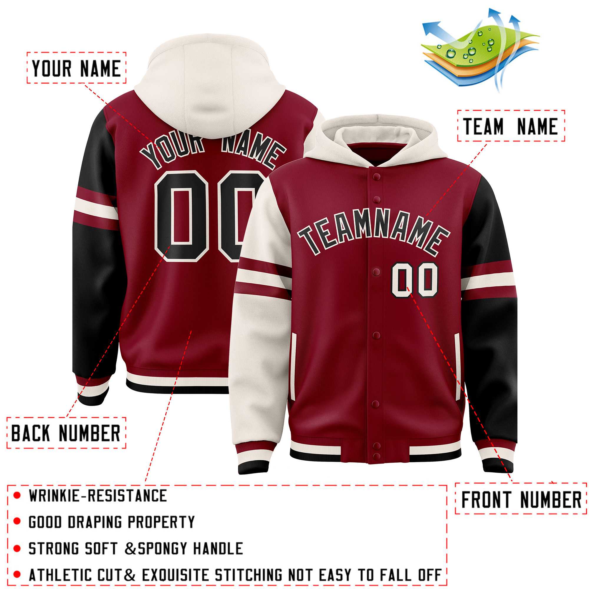 Custom Crimson Cream-Black Raglan Sleeves Varsity Full-Snap Letterman Three Stripes Hoodie Jacket