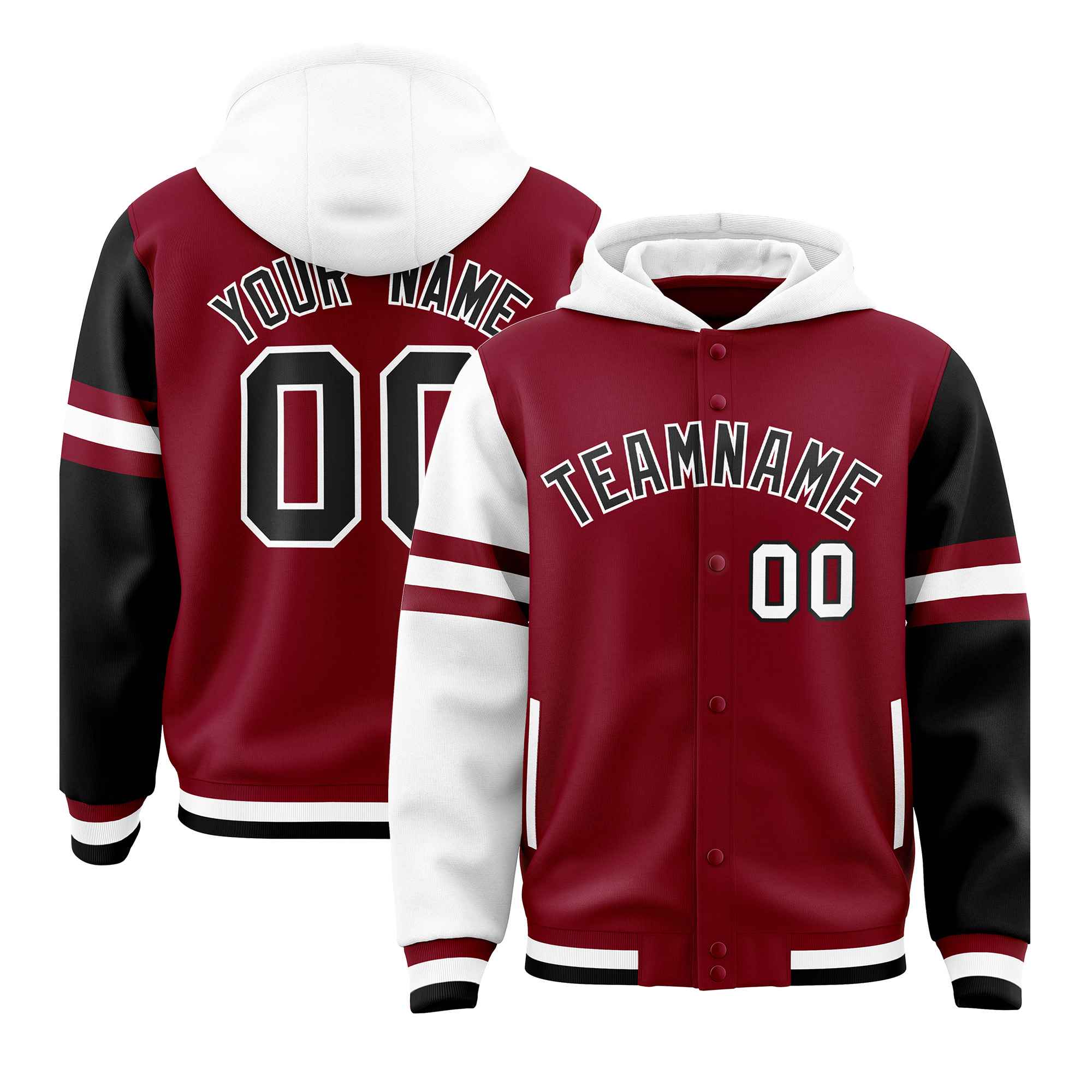 Custom Crimson White-Black Raglan Sleeves Varsity Full-Snap Letterman Three Stripes Hoodie Jacket