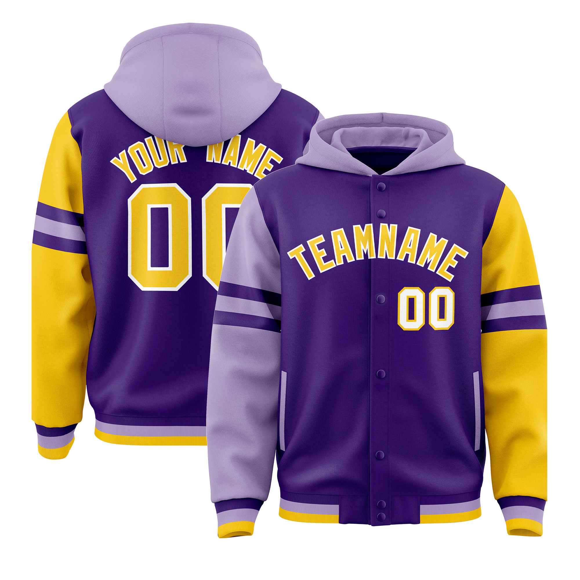 Custom Purple Light Purple-Gold Raglan Sleeves Varsity Full-Snap Letterman Three Stripes Hoodie Jacket