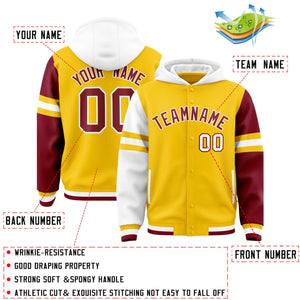 Custom Gold White-Crimson Raglan Sleeves Varsity Full-Snap Letterman Three Stripes Hoodie Jacket