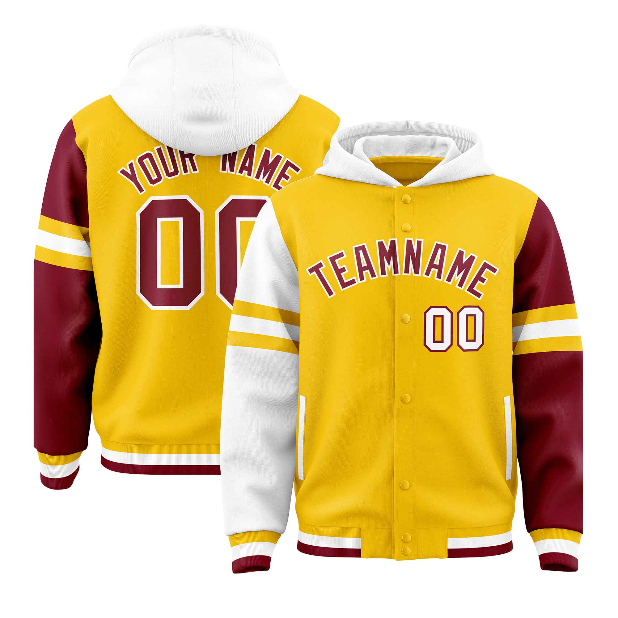 Custom Gold White-Crimson Raglan Sleeves Varsity Full-Snap Letterman Three Stripes Hoodie Jacket