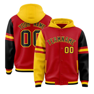 Custom Red Gold-Black Raglan Sleeves Varsity Full-Snap Letterman Three Stripes Hoodie Jacket