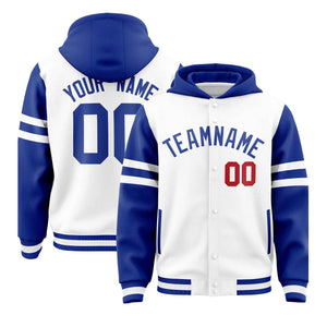 Custom White Royal Raglan Sleeves Varsity Full-Snap Letterman Three Stripes Hoodie Jacket