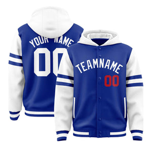 Custom Royal White Raglan Sleeves Varsity Full-Snap Letterman Three Stripes Hoodie Jacket