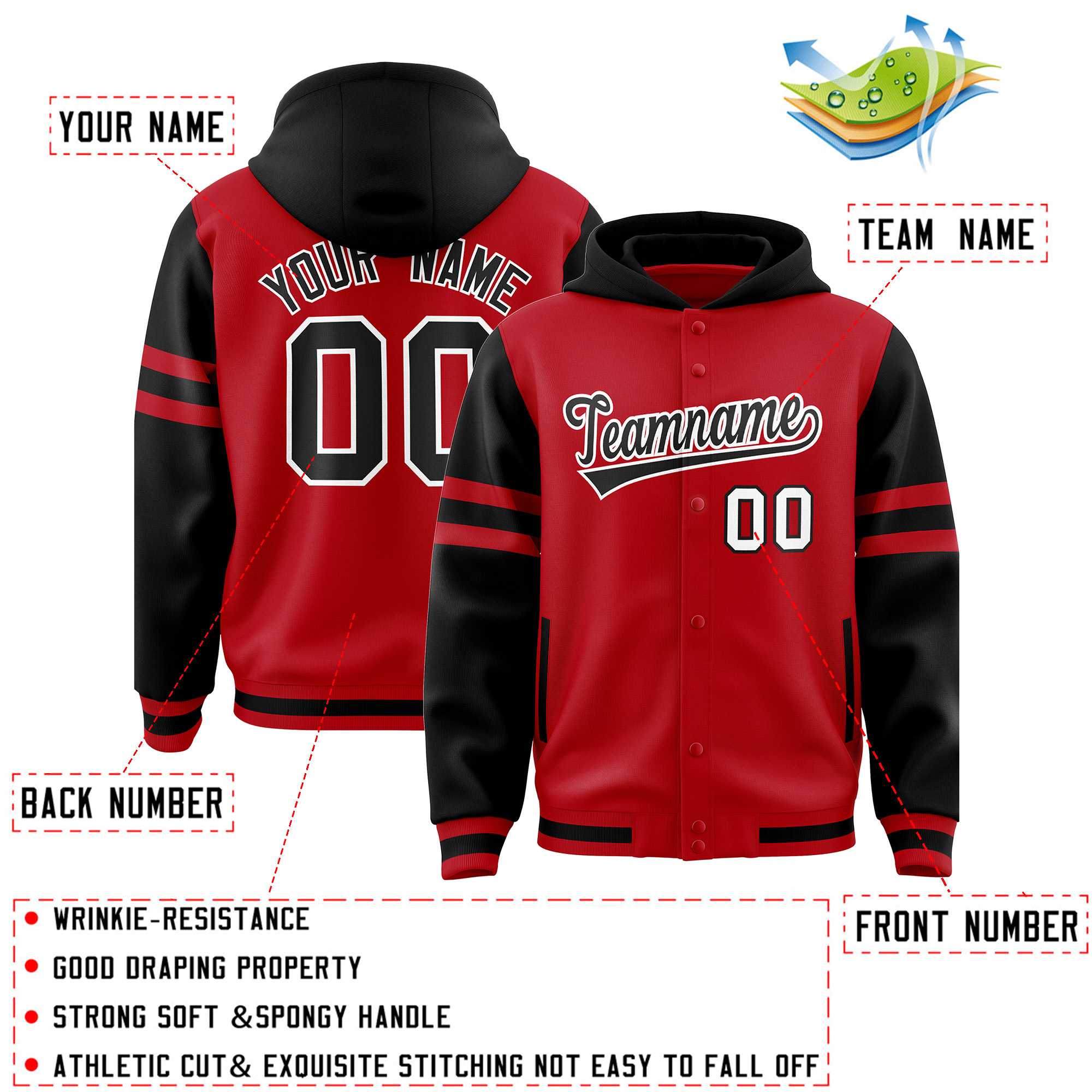 Custom Red Black Raglan Sleeves Varsity Full-Snap Letterman Three Stripes Hoodie Jacket