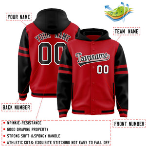 Custom Red Black Raglan Sleeves Varsity Full-Snap Letterman Three Stripes Hoodie Jacket