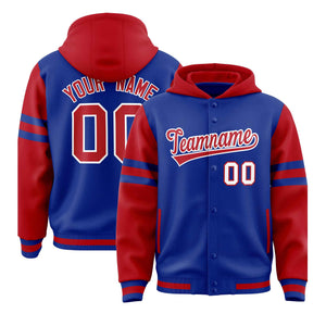 Custom Royal Red Raglan Sleeves Varsity Full-Snap Letterman Three Stripes Hoodie Jacket